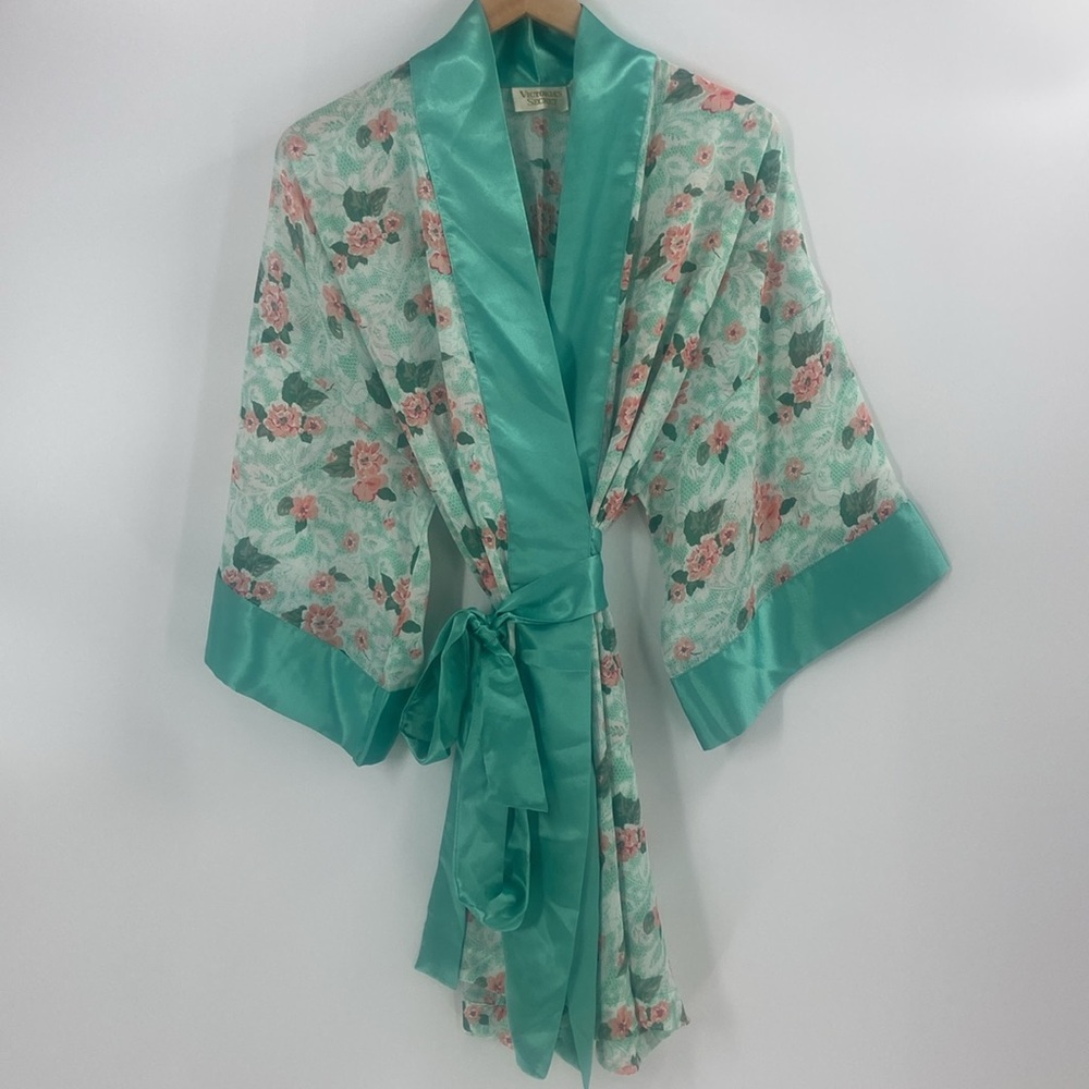 Victoria's Secret aqua and peach wraparound silky floral robe coquette feminine
